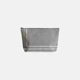 Stylish gray woven pouch with geometric pattern, ideal for luxury garment care storage