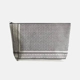 Black and white patterned toiletry bag with geometric weave design and striped trim