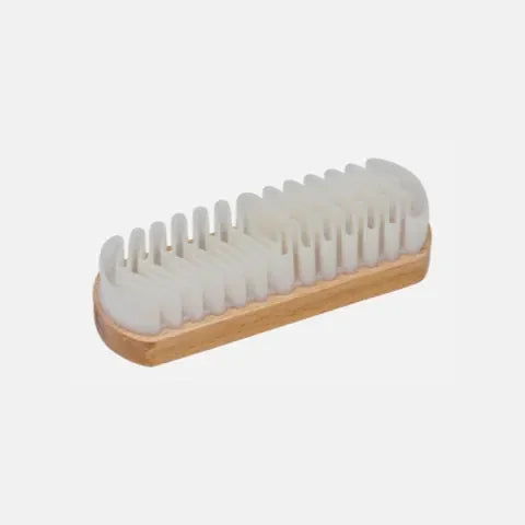 Wooden-handled shoe brush with white bristles for gentle leather care and garment maintenance