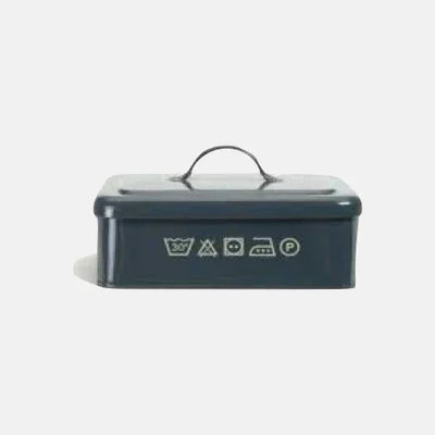 Dark blue laundry care symbol box with handle, featuring wash, dry, iron icons for garment care instructions