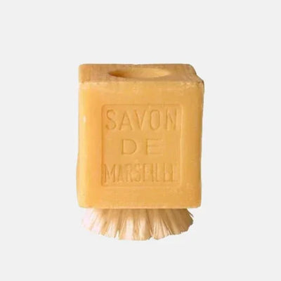 Savon de Marseille soap bar with natural bristle brush for eco-friendly garment care