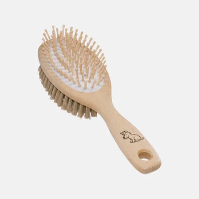Natural wooden hairbrush with boar bristles and engraved bear, eco-friendly grooming tool