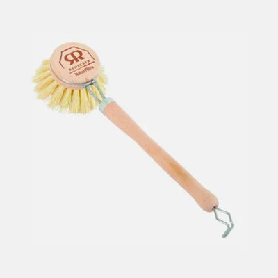Natural bristle shoe brush with wooden handle and metal hook, ideal for gentle leather care