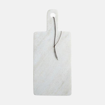 White marble cutting board with black veining and hanging loop, minimalist kitchen accessory