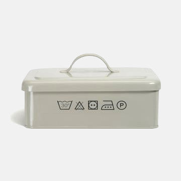 Beige laundry care symbol box with handle, ideal for garment storage and eco-friendly cleaning prep
