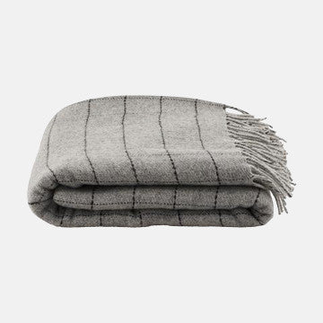 Gray plaid wool throw blanket with fringe, luxury home textile for cozy living spaces