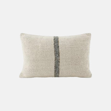 Beige textured throw pillow with gray vertical stripe, minimalist home decor accent