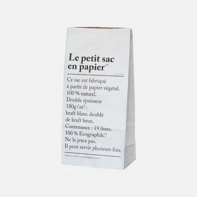 Eco-friendly paper bag with French text, 100% natural kraft, reusable, 19L capacity, sustainable packaging