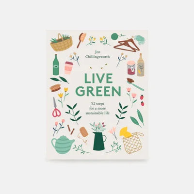 Live Green book cover with eco-friendly lifestyle illustrations and sustainable living tips