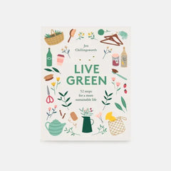 Live Green book cover with eco-friendly lifestyle illustrations and sustainable living tips